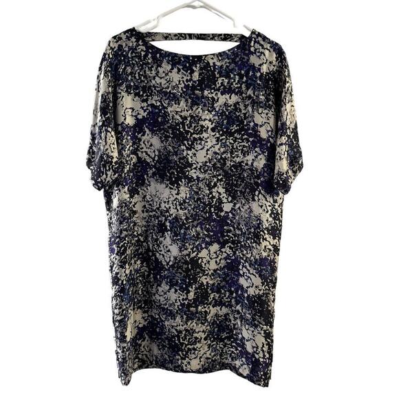 CLUB MONACO Gray Black Blue 100% Silk Shift Short Sleeve Dress Lightweight Sz XS - Picture 1 of 5